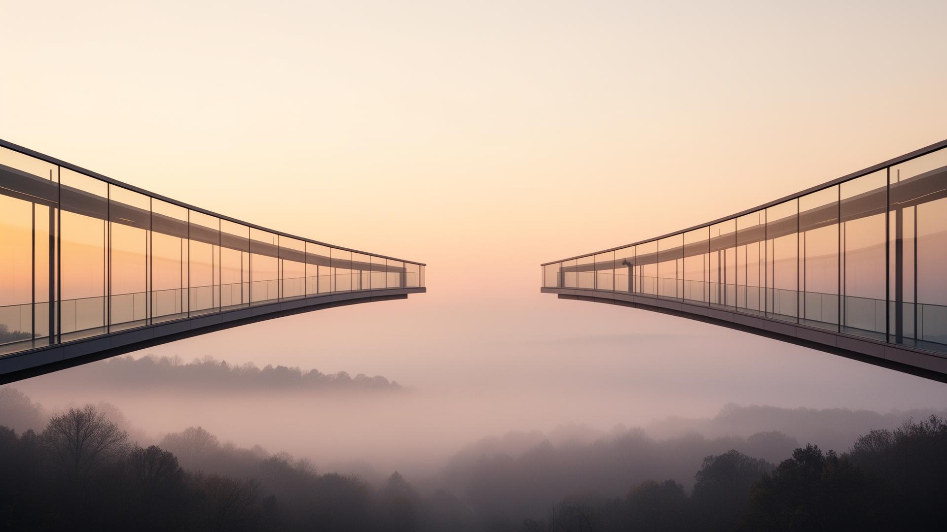 Two glass bridges arching toward each other at sunrise — builders meeting in the middle