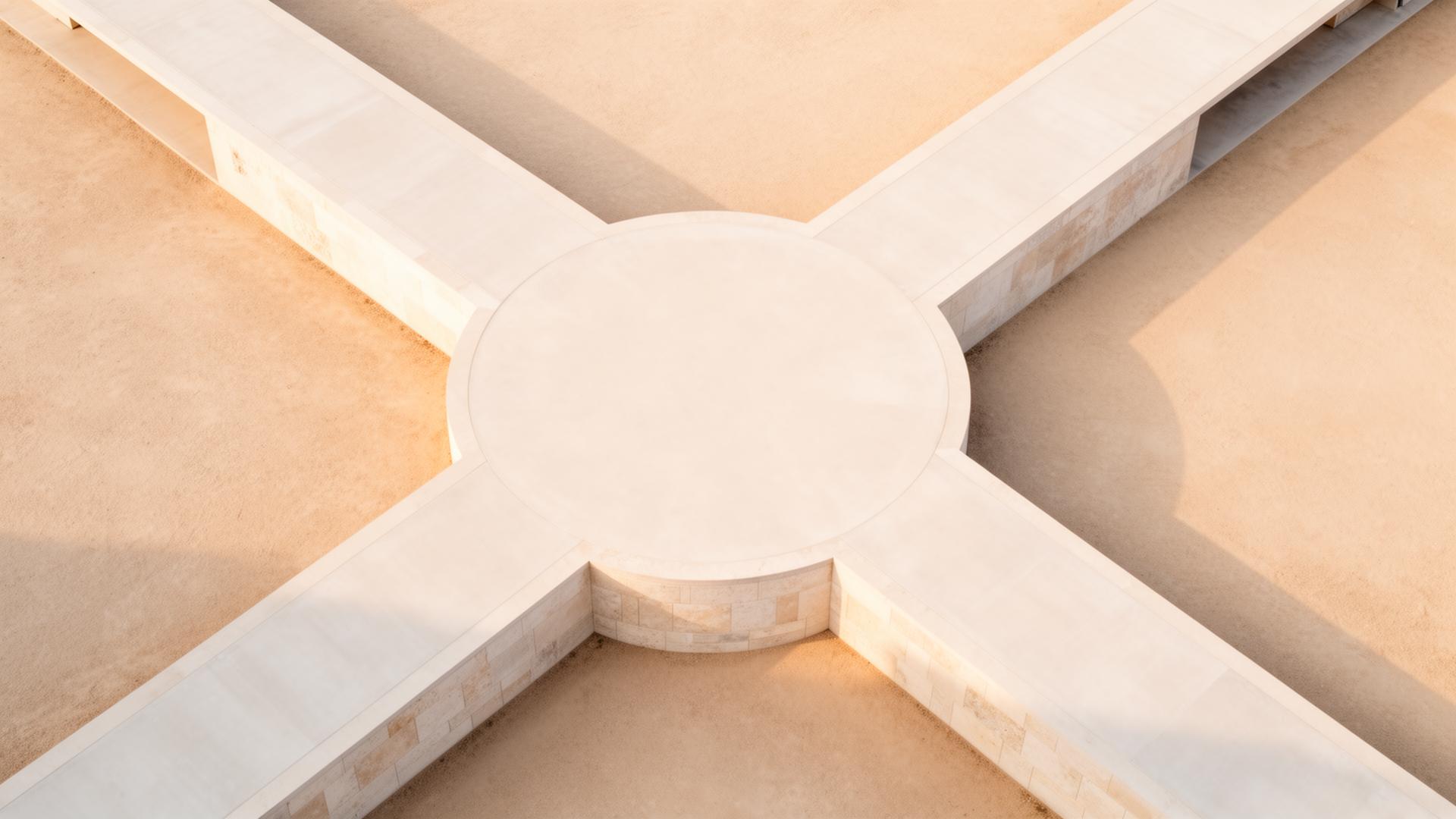 Pathways converging at a central plaza — builders meeting in the middle
